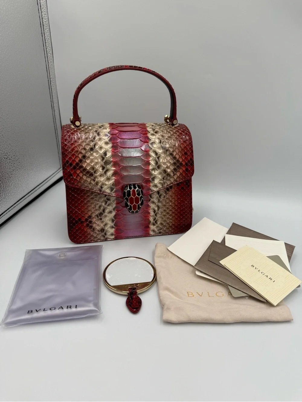 Bvlgari Serpenti Forever Mini Red and Gold Python-Pattern Top Handle Satchel